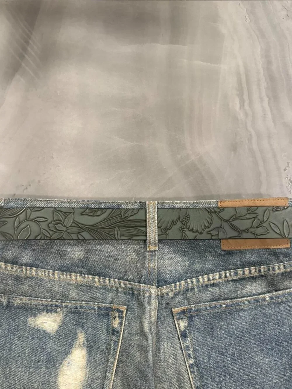 Forest Green Embossed Floral Bronze Buckle Belt